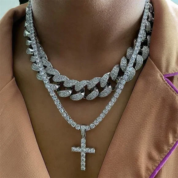 Big Cross Necklace Tennis Chain Crystal Rhinestone Choker Necklace Women Collar - Picture 2 of 8